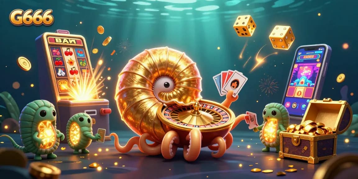 Experience excitement at G666 with a dynamic casino scene featuring slots, cards, and jackpot winnings.