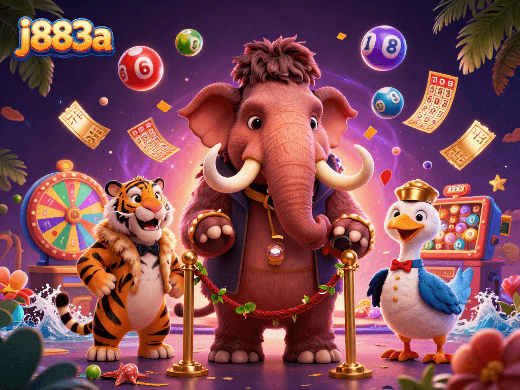Experience excitement at j883a with vibrant bingo games and casino characters in a dynamic scene.