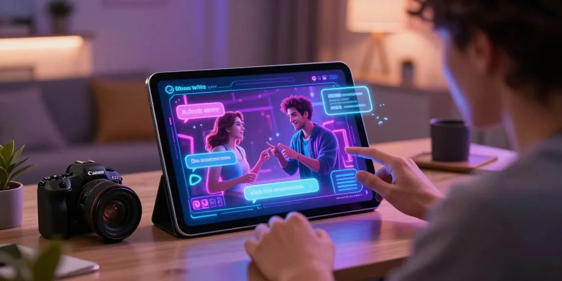 Engaging AI chat porn interaction in a neon-lit home office showcasing advanced technology and immersive experiences.