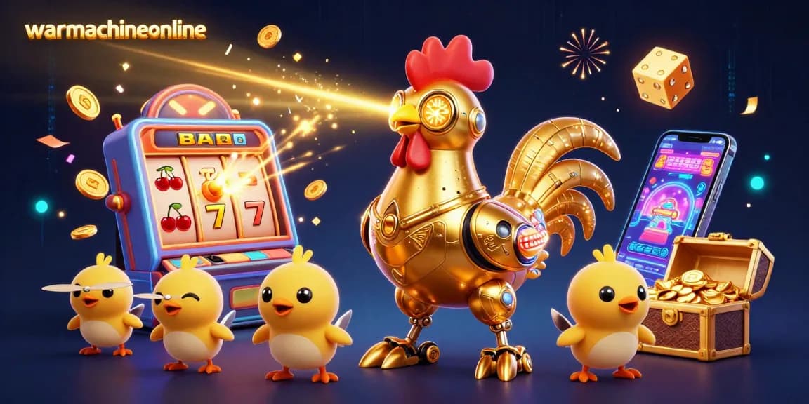 Engage in thrilling gameplay at warmachineonline with a vibrant illustration featuring a golden rooster robot and dynamic casino elements.