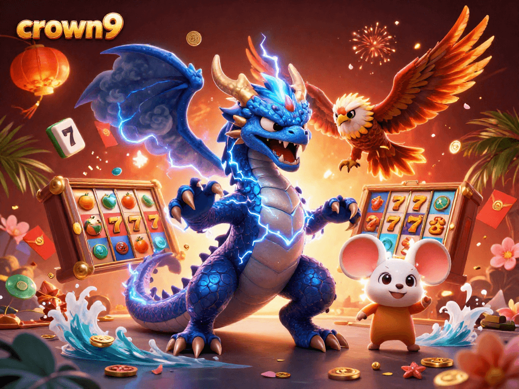 Crown9 casino illustrates thrilling action with dragon, hawk, and lucky symbols in a vibrant scene.
