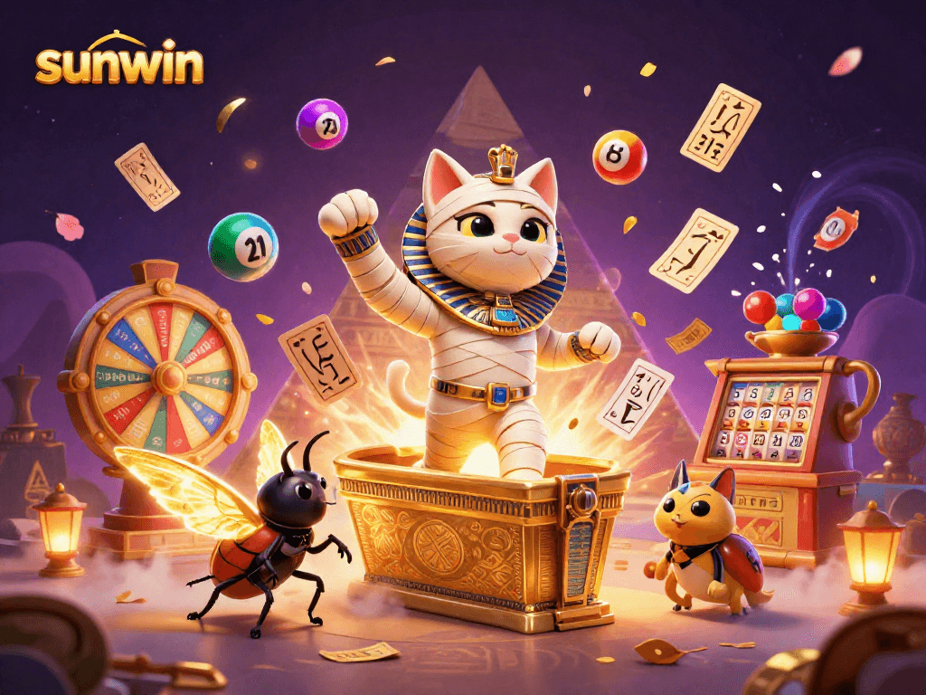 Experience the thrill of sunwin with a vibrant 3D scene showcasing dynamic lottery elements and an animated mummy cat.