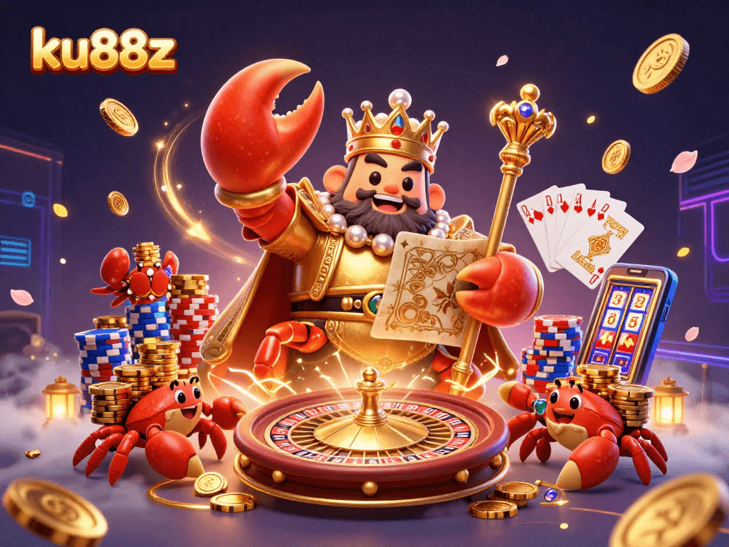 Engage in thrilling gameplay at ku88z with a golden crab emperor and vibrant casino elements.