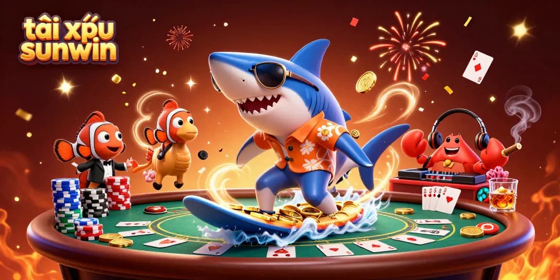 Experience thrilling tài xỉu sunwin gameplay with a lively shark and enchanting sea creatures amidst dynamic casino elements.