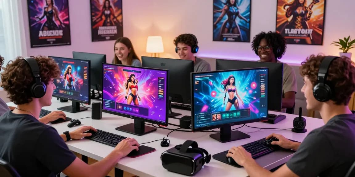 Engaging scene of players enjoying free sex games on various devices in a lively atmosphere.