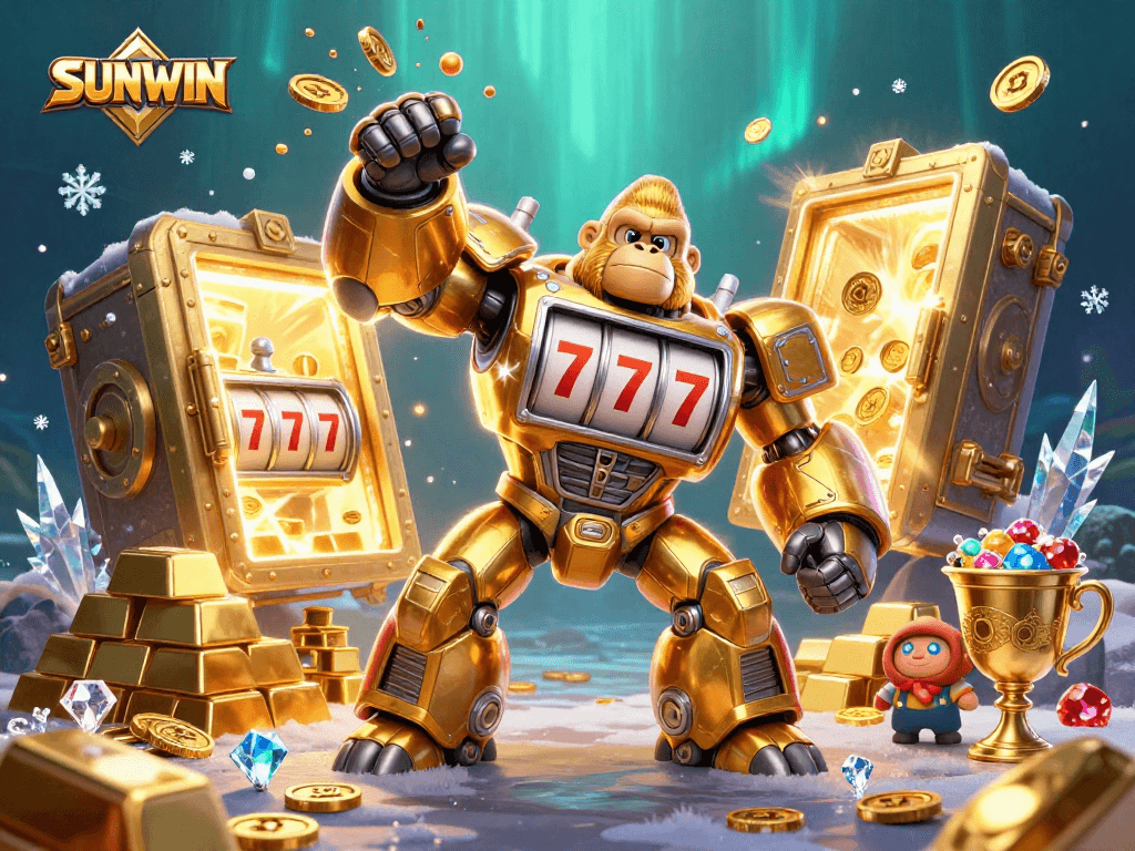 SUNWIN transforms gaming with a dynamic 3D golden gorilla mech and slot machine elements bursting with coins.