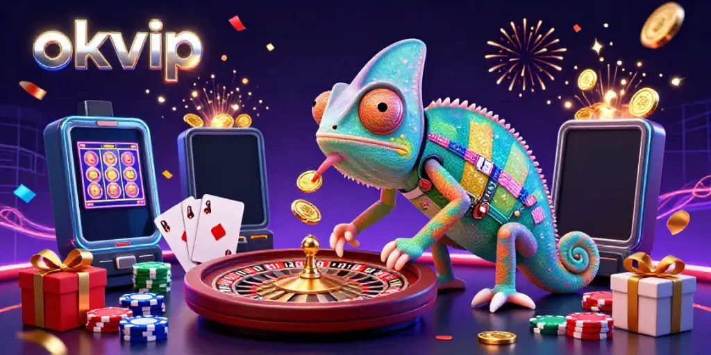 Experience the vibrant world of okvip with a chameleon casino owner in a lively gaming scene.