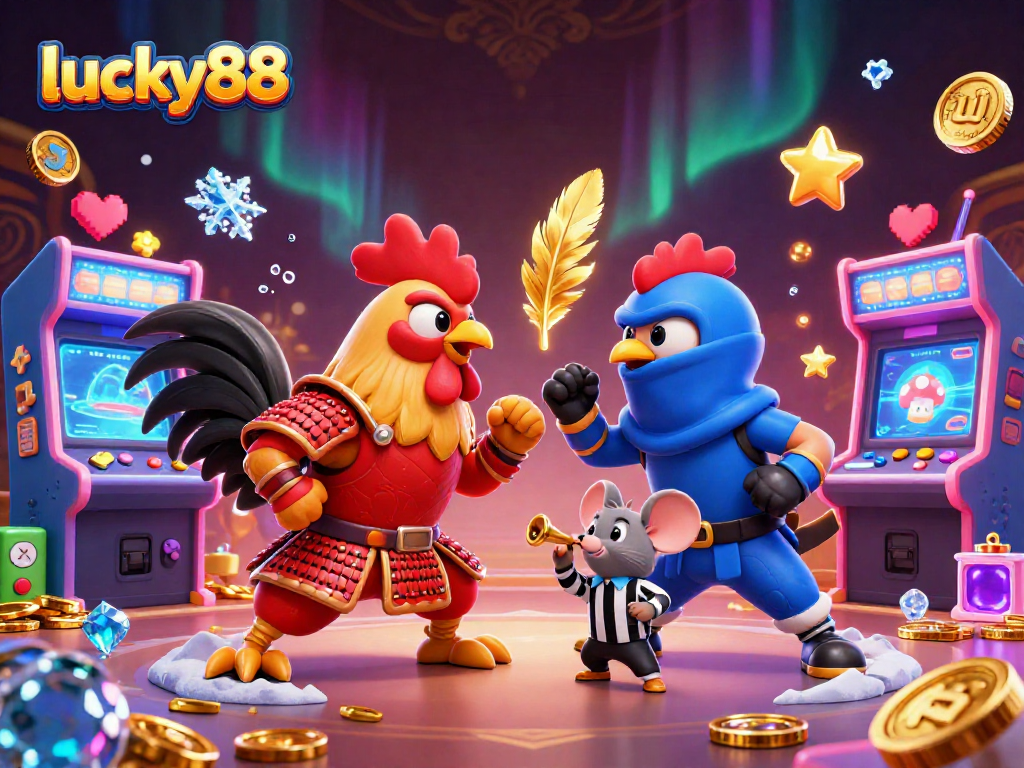 Engage in high-stakes gameplay with lucky88 featuring battling roosters in a vibrant casino backdrop.