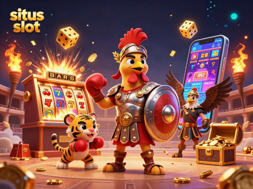 Experience thrilling slots at situs slot with a dynamic rooster and tiger cub in a colorful casino scene.
