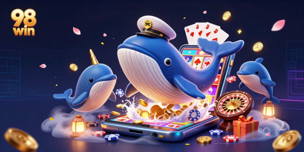 Experience excitement with 98 win as a cartoon whale and sea creatures celebrate a slot jackpot.
