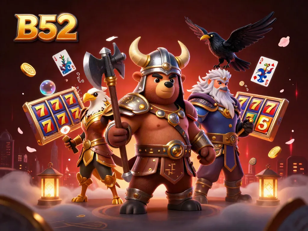 B52 engages players with exciting slot reels and golden jackpot counters in a vibrant casino scene