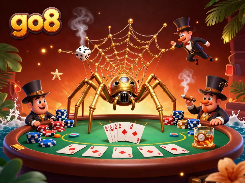 Spin the reels at go8 with a lively steampunk spider and poker action in vibrant casino scene.