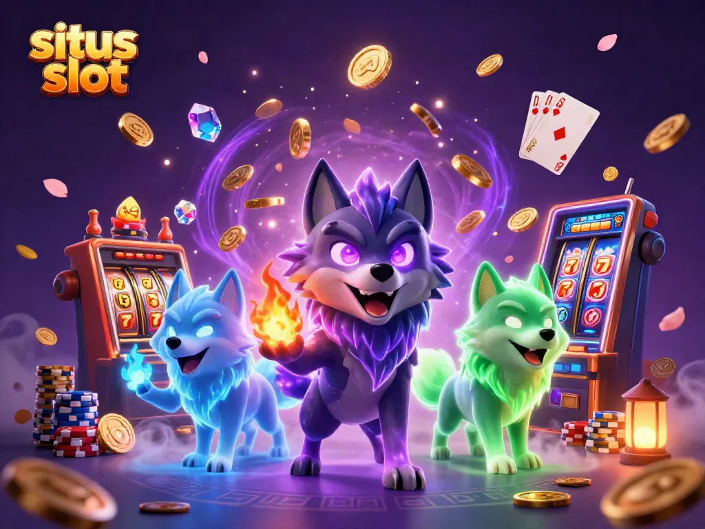 Engage with situs slot featuring skilled wolves amidst scattered coins and vibrant casino elements.