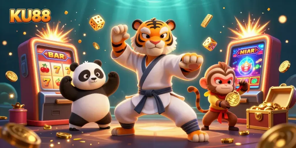 Experience the excitement of KU88's thrilling casino games with lively characters and dynamic visuals.