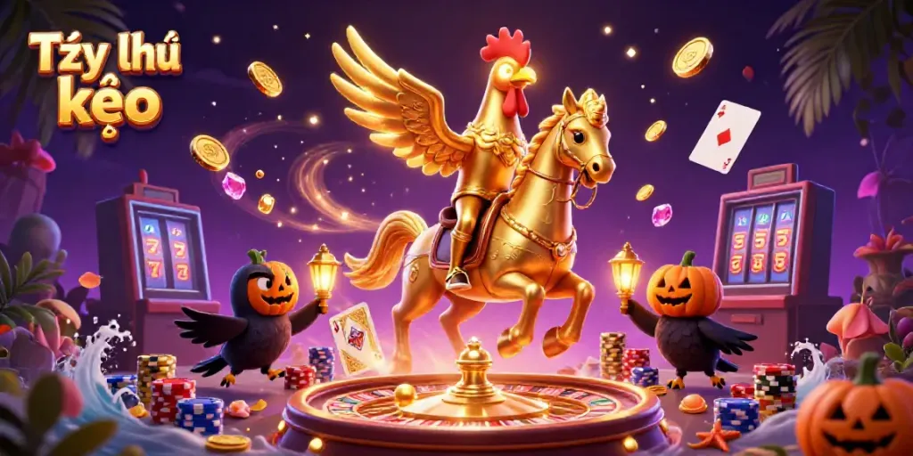Experience Tỷ lệ kèo in a vibrant casino scene with golden rooster and glowing lanterns.