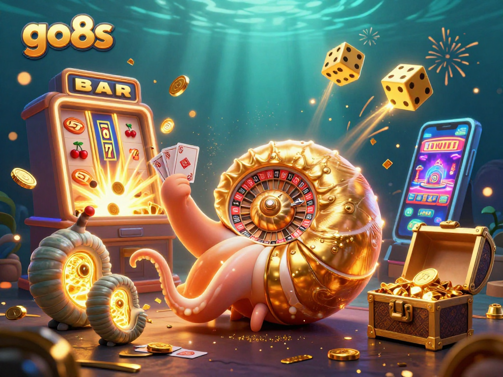 Experience thrilling wins at go8s with vibrant casino games, showcasing a giant nautilus roulette wheel.
