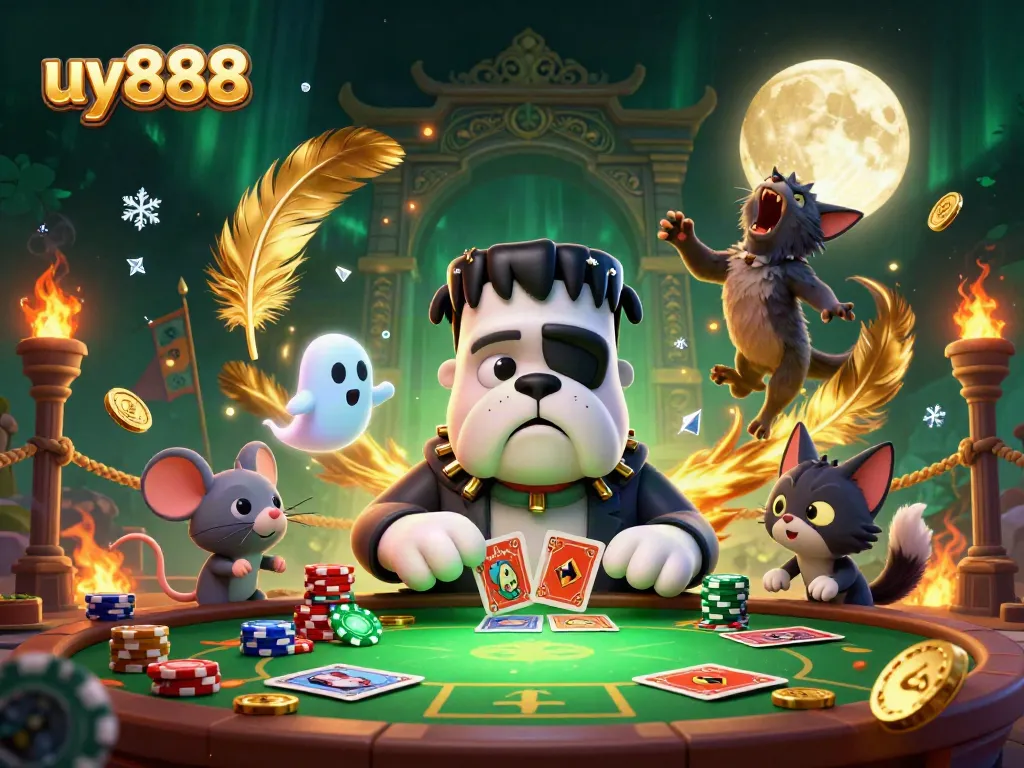 Experience thrilling action with uy888 at a spooky green-lit casino table featuring a bulldog dealer and a floating ghost mouse.