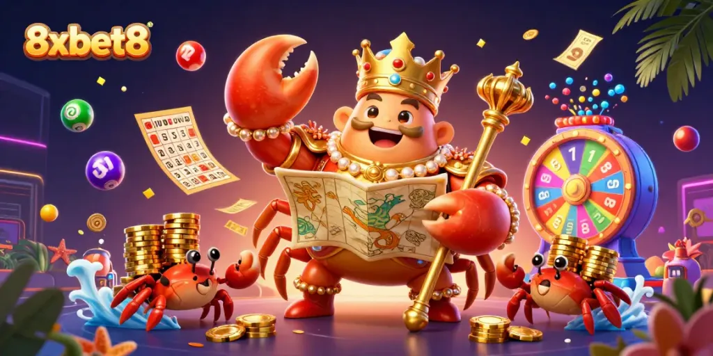 Experience the excitement of 8xbet8 with a 3D cartoon crab emperor amid vibrant casino elements.