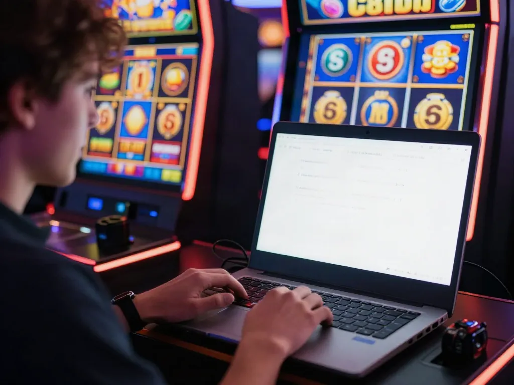 Engaged player enjoying slot88 online gaming session on laptop with vibrant game graphics.