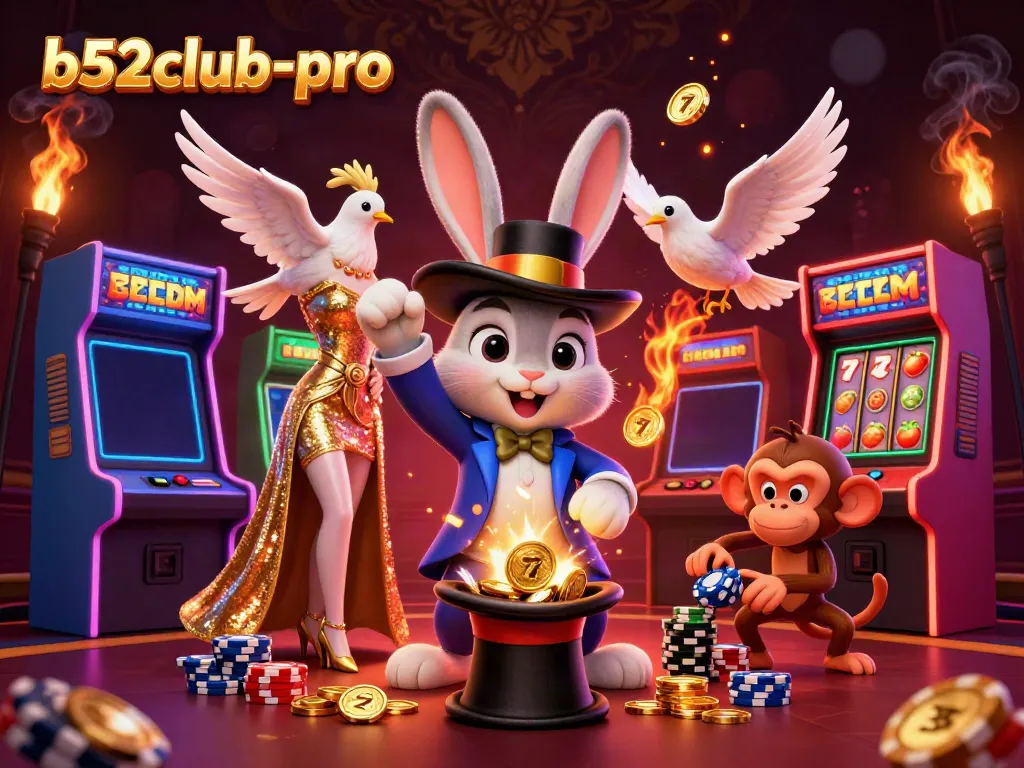 Engage with b52club-pro as a cartoon magician rabbit showcases gold coins amidst casino games.