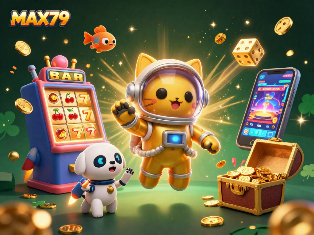 Win big with MAX79 in this vibrant 3D illustration featuring exciting casino games and colorful characters.