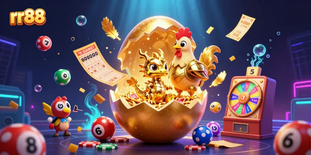 Engage in the exciting world of rr88 with golden dragon and poker chips amidst dynamic gambling elements.