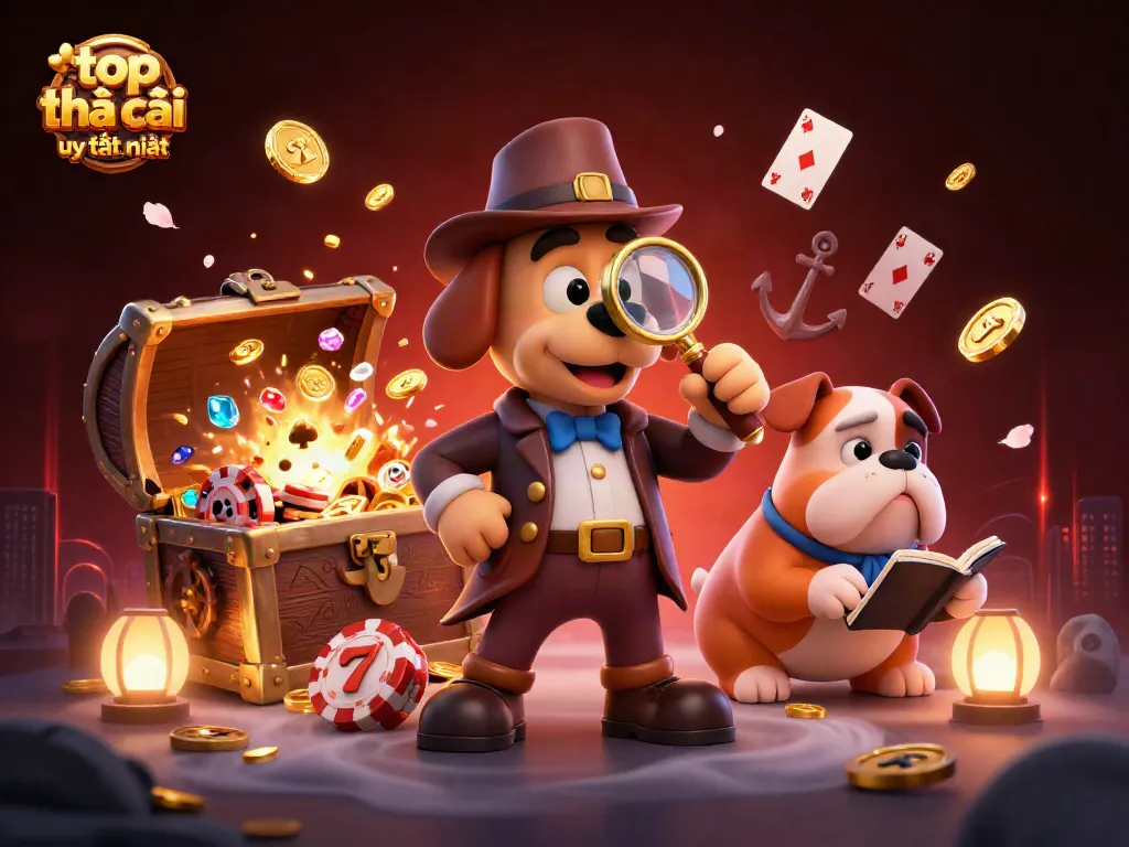 Engage in the exciting world of top nhà cái uy tín nhất with a whimsical illustration of detectives and rich treasures.
