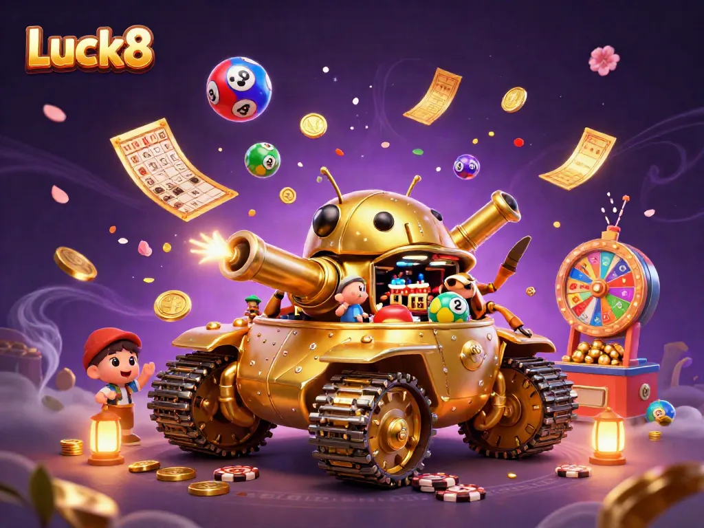 Engage with Luck8's vibrant casino world inside a golden beetle tank, featuring dynamic gaming elements.