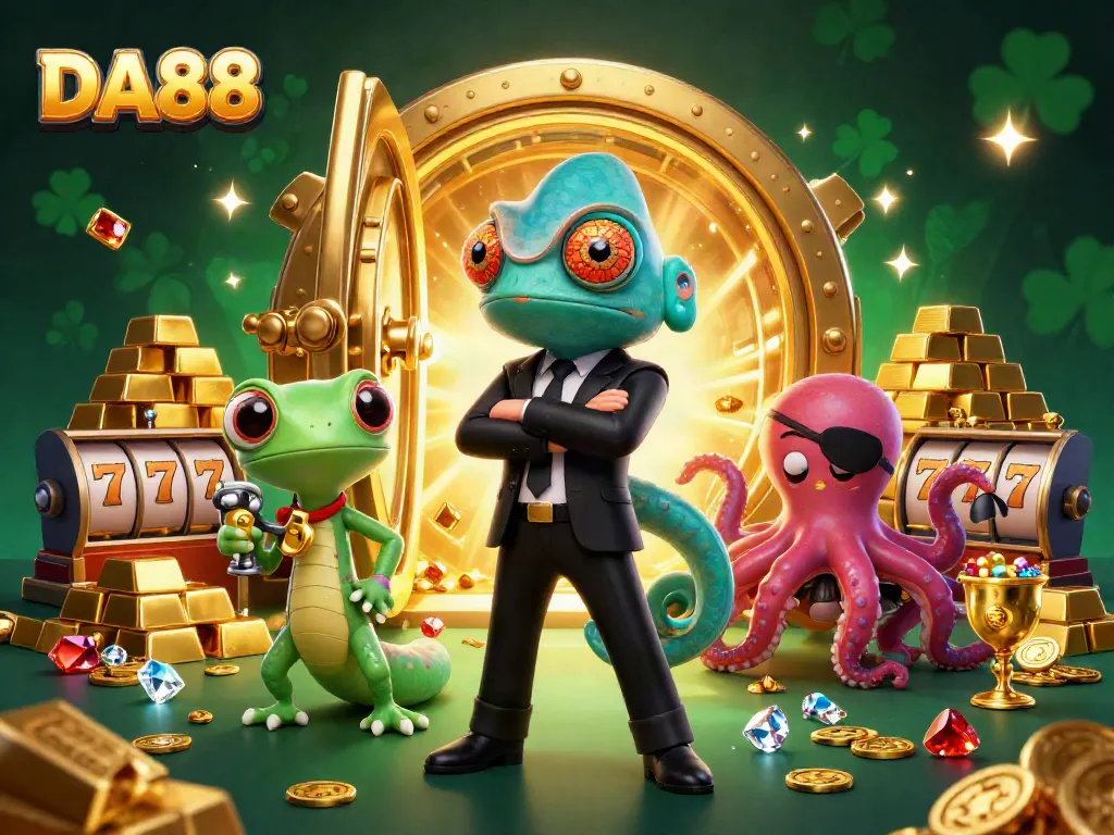 DA88 gaming scene featuring characters amid slot reels, gold treasures, and gems.