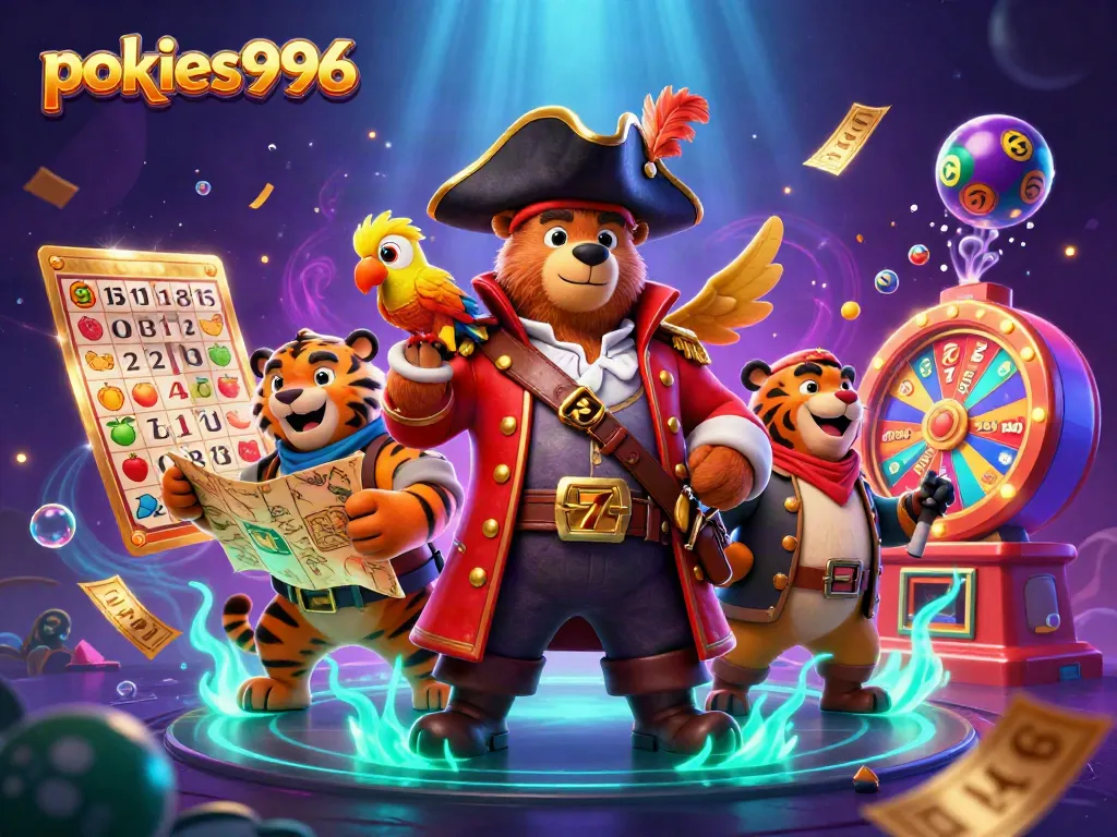 Experience pokies996 with a festive pirate bear, tiger, and vibrant game elements in a dynamic casino scene.