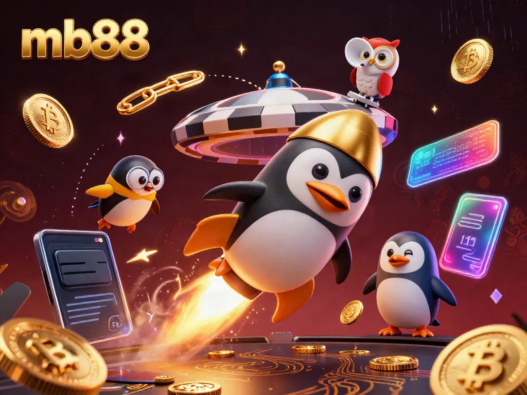 Engage with mb88's vibrant casino universe featuring a golden penguin and crypto coins.