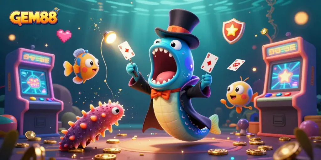 Engage in thrilling GEM88 casino action surrounded by magical sea creatures performing amazing tricks.