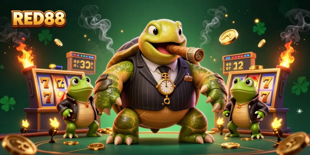 Experience thrilling slots at RED88 with a lively 3D casino scene capturing vibrant energy.