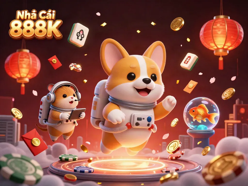 Engage with Nhà Cái 888K in a vibrant space casino scene featuring a floating corgi astronaut and dynamic gambling elements.