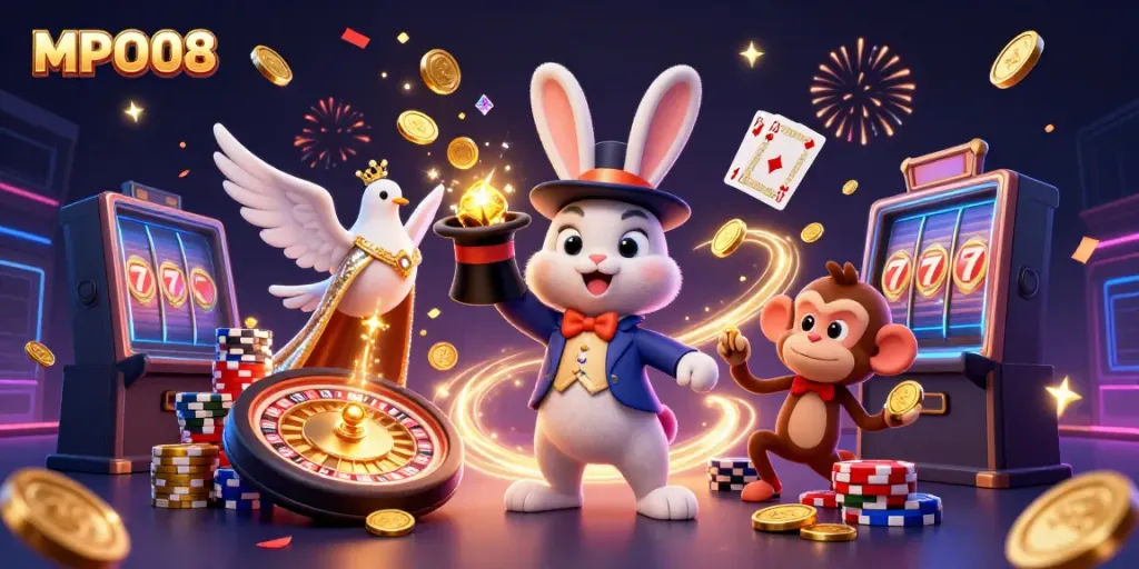 Engage with MPO08's vibrant casino experience featuring a magician rabbit and sparkling elements from a grand online gaming adventure.