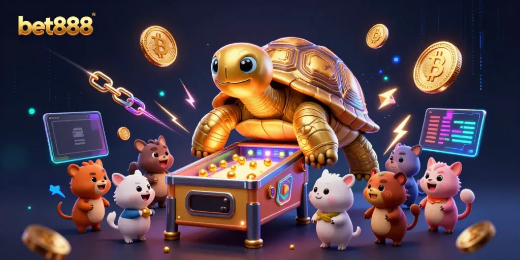 Experience thrilling casino action at bet888 with a whimsical golden tortoise and crypto elements.
