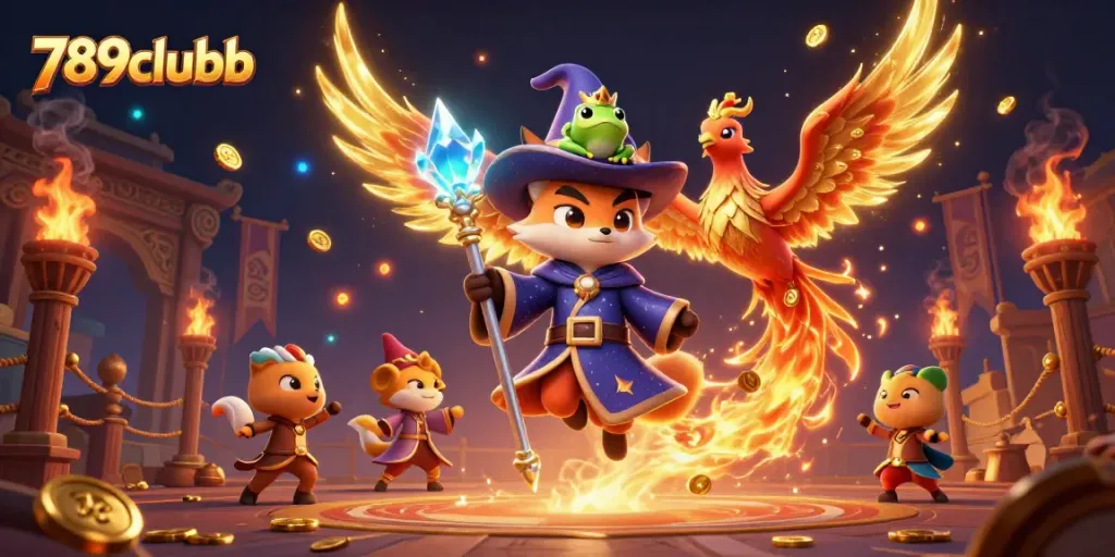 Experience winning strategies at 789clubb with a mystical wizard, phoenix, and enchanted frog in an immersive casino scene.