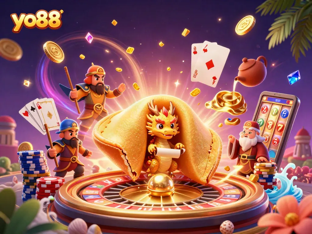 yo88 offers thrilling gameplay with dynamic gold coins and a wise dragon in a vibrant casino illustration.