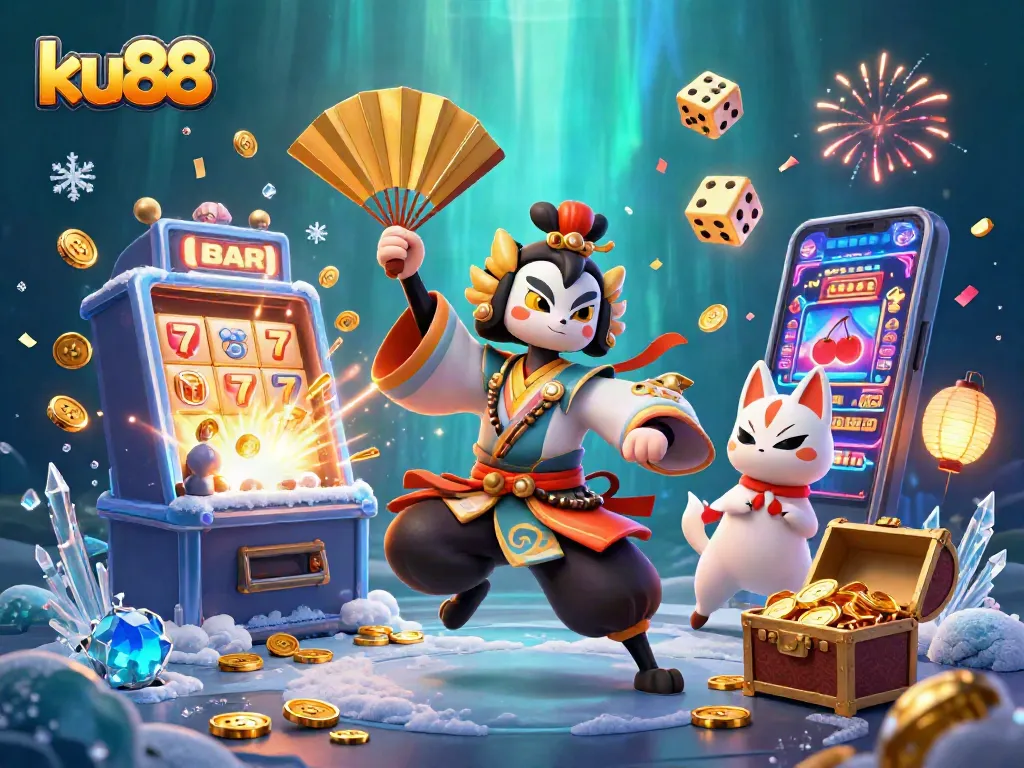 Engage with ku88's vibrant casino world featuring dynamic slot machine action and captivating characters.
