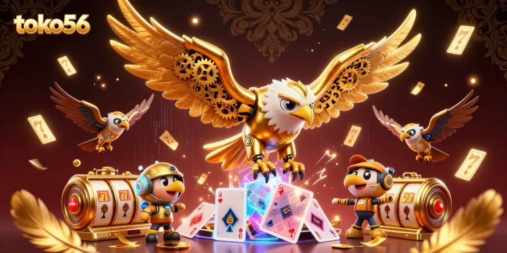Experience adventurous gameplay with the vibrant toko56 cybernetic eagle soaring through animated slot reels.