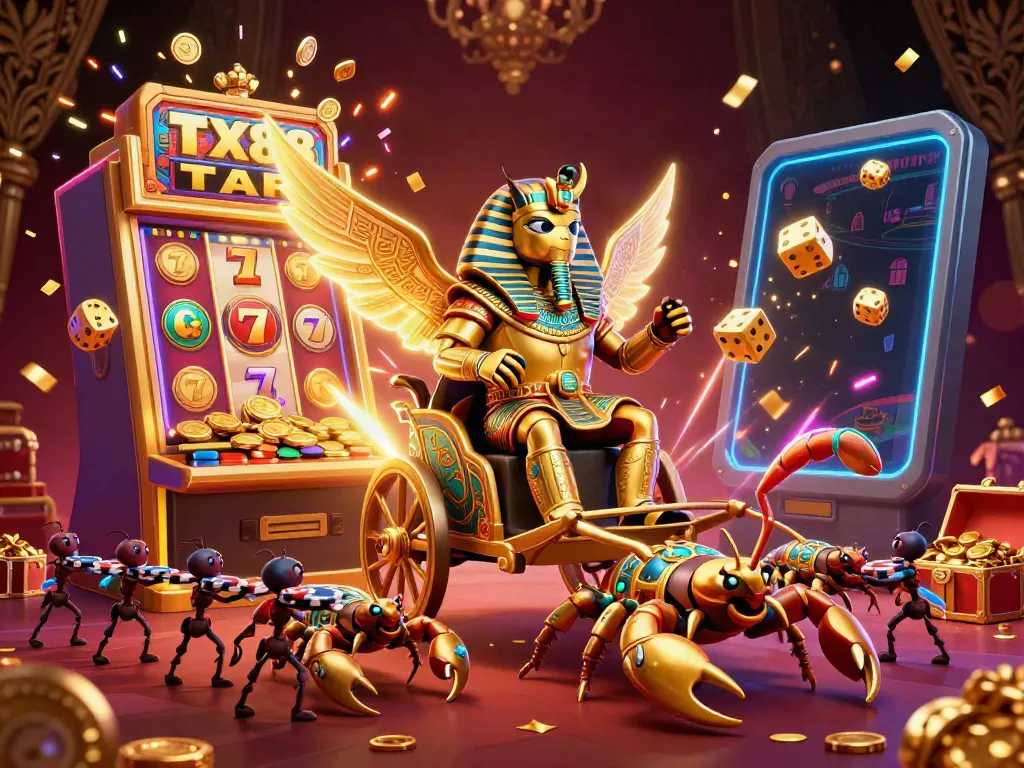 Experience thrilling jackpots with TX88 in a lush 3D casino scene featuring a golden beetle and vibrant game elements.