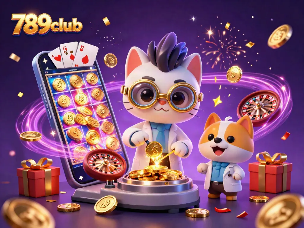 Engage in thrilling gameplay with 789club as colorful slot machines and golden coins come alive in a magical casino scene.