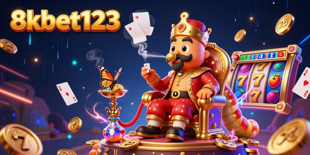 Experience the vibrant excitement of 8xbet123 with this dynamic, colorful 3D casino scene featuring jackpot symbols and a lavish caterpillar character.