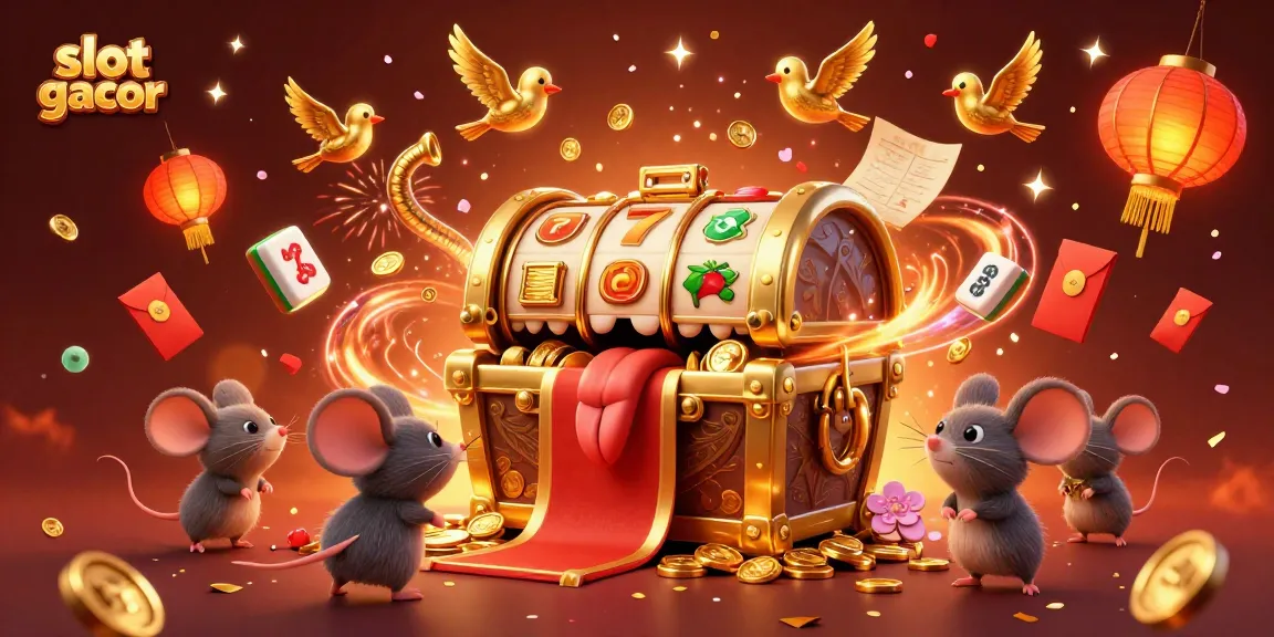Experience the thrill of slot gacor with a vibrant scene of riches and adventure, featuring a treasure chest and spinning reels.