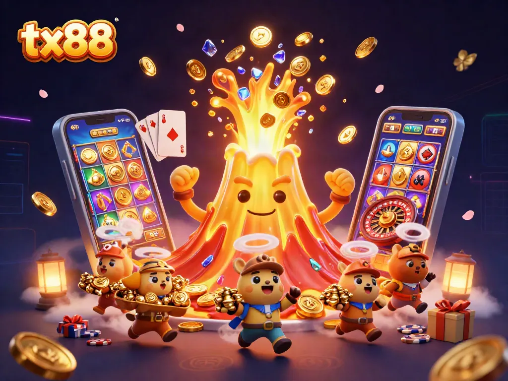 Experience thrilling wins with tx88 in a vibrant 3D casino scene of treasures and games.