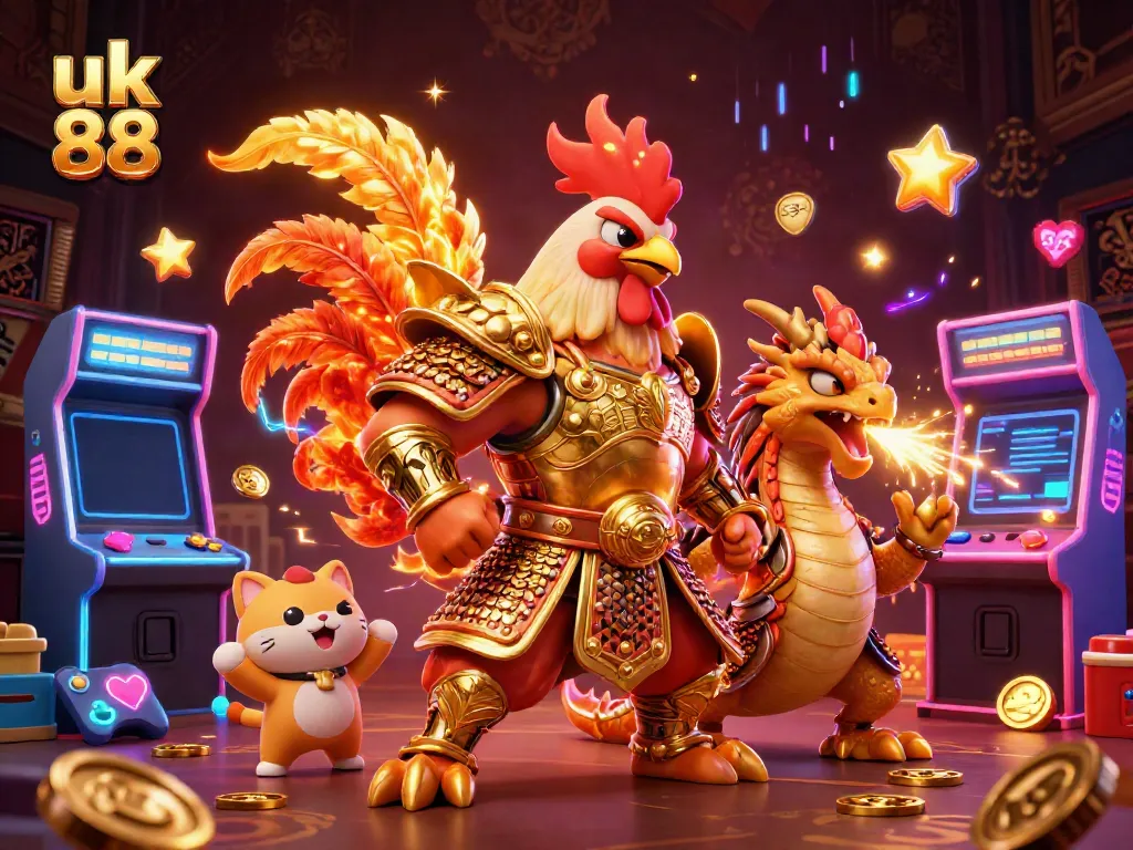Engage in thrilling cockfighting with the uk 88 platform featuring a dynamic rooster warrior and dragon hatchling.