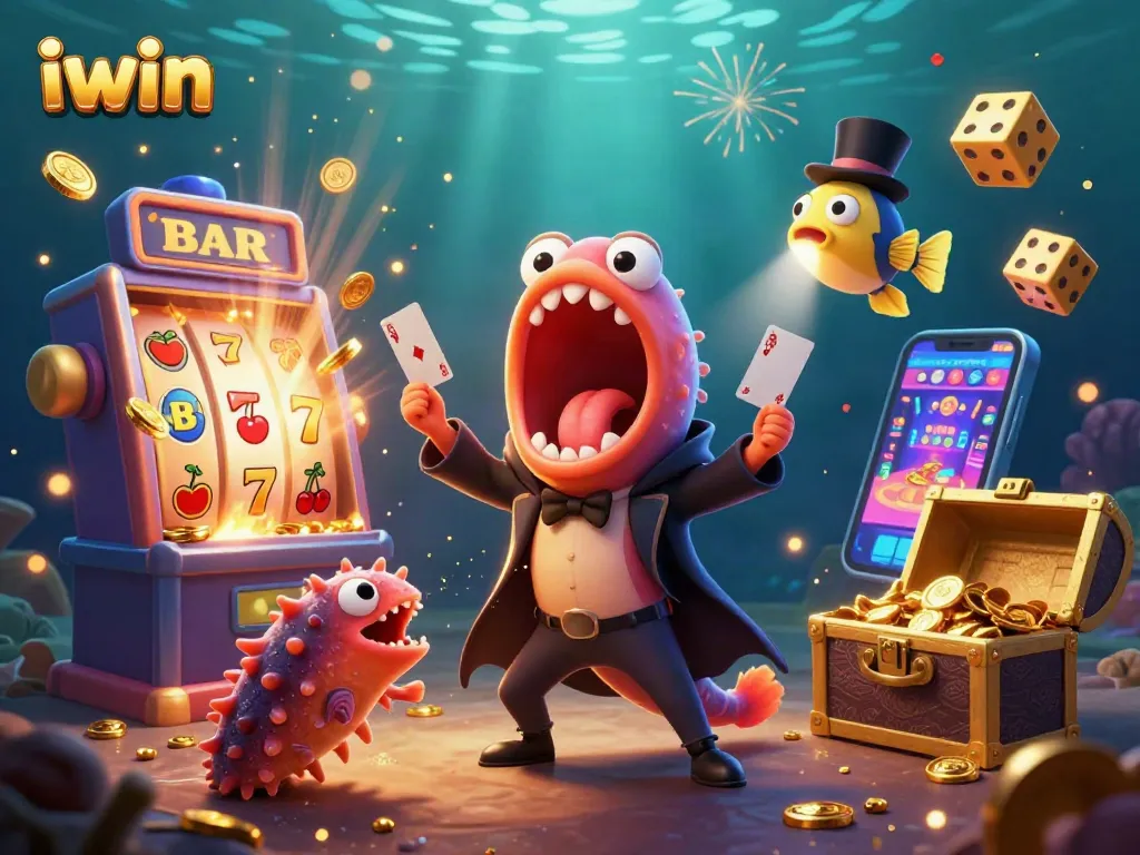 Experience magical winning moments with iwin in this vibrant underwater casino scene.