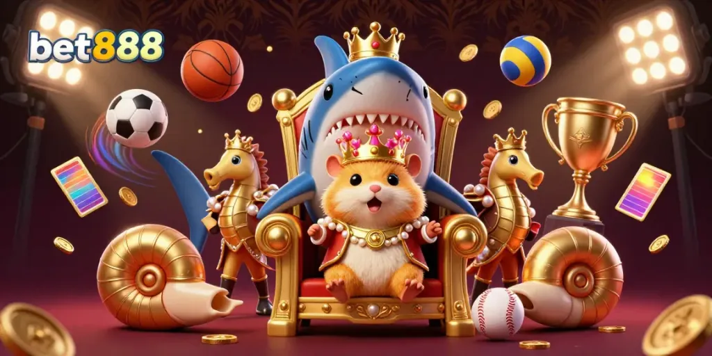 Experience the excitement of bet888 with a fierce golden hamster king surrounded by sports elements and vibrant energy.