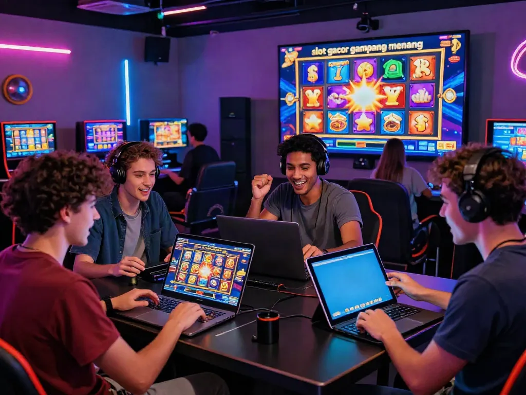 Engaged friends playing slot gacor gampang menang games, showcasing excitement in a vibrant gaming lounge setting.