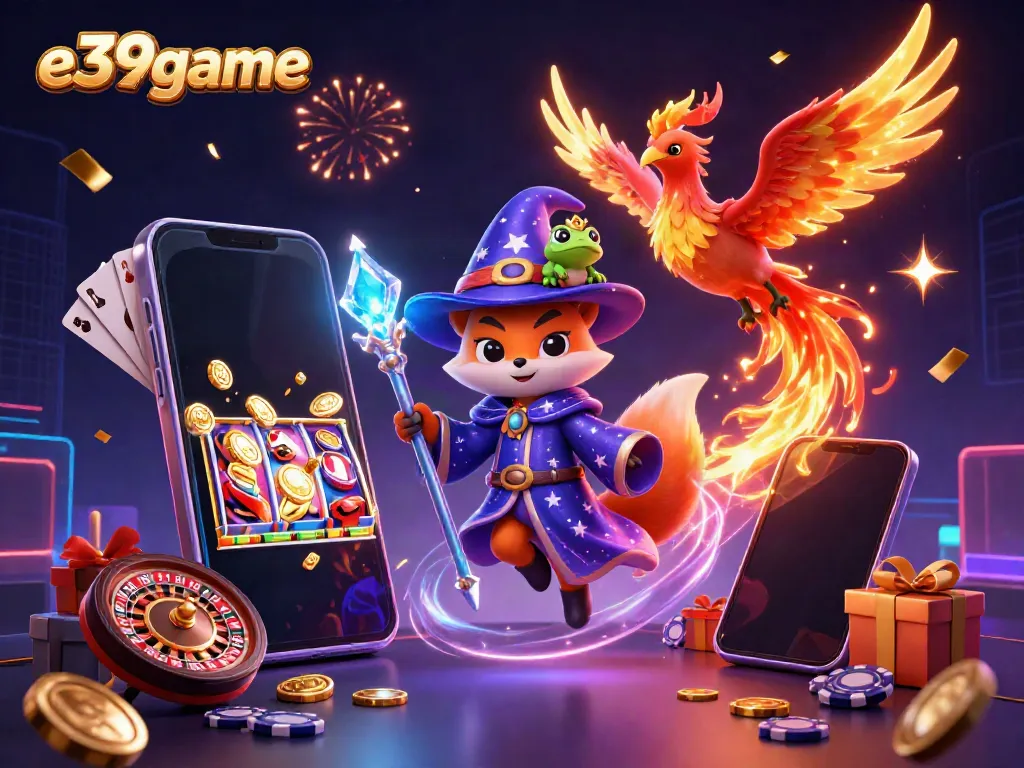 Experience the vibrant magic of e39game with a wizard fox and phoenix amidst casino action.